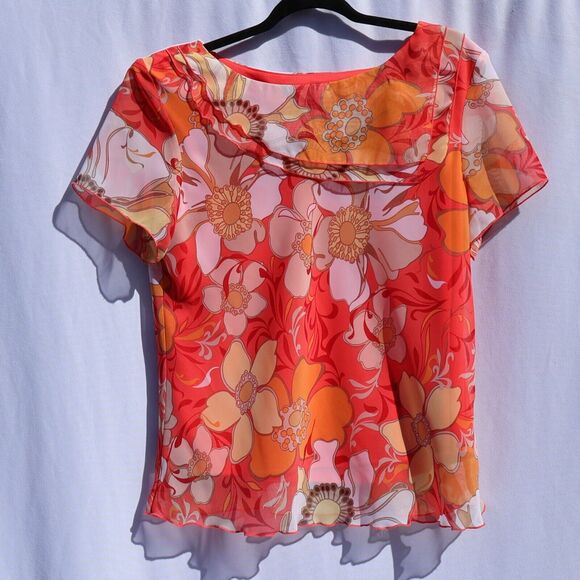 Sag Harbor Shirt Womens 14 Floral SHEER Line Short Sleeve Shoulder Pad - Picture 1 of 6